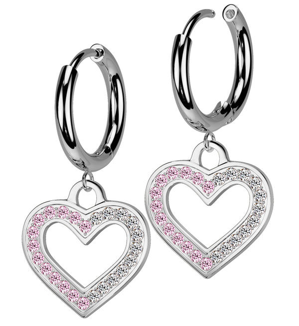 Heart Cutout Clear And Pink CZ Stainless Steel Hinged Earrings