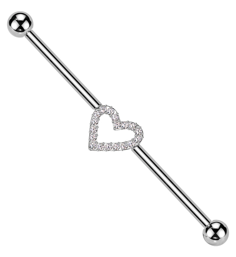 Heart Hollow Clear CZ Internally Threaded Titanium Industrial Barbell