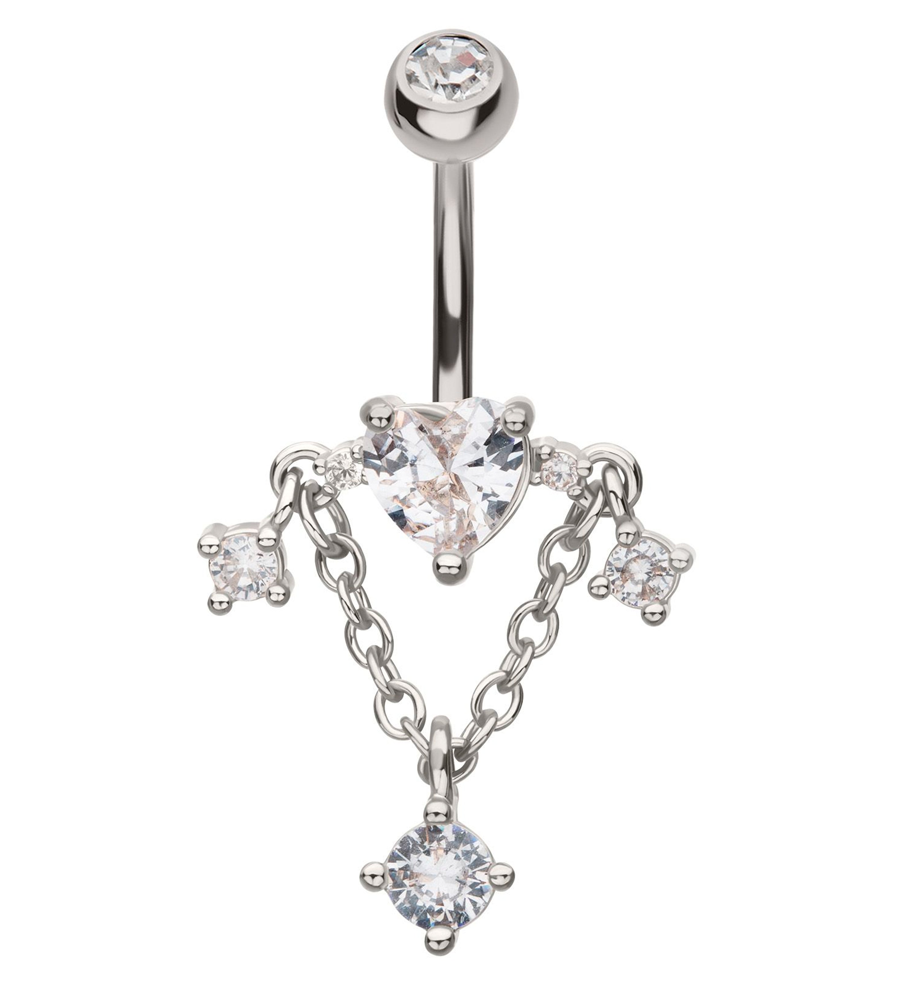 Heart Triple Clear Cz Dangle Chain Stainless Steel Belly Button Ring 3584