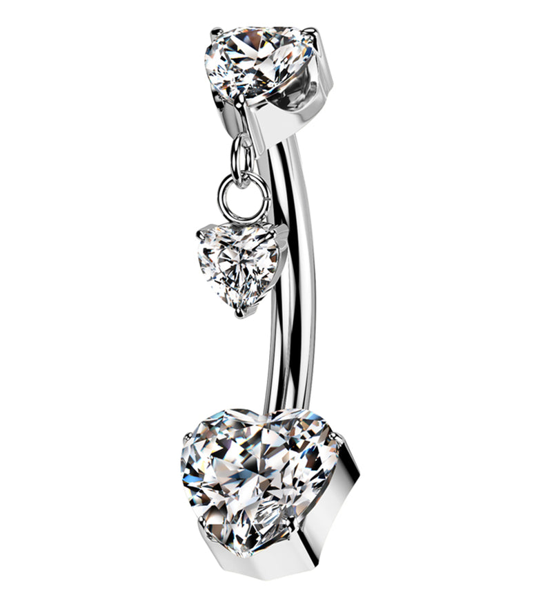 Hearts Dangle Clear CZ Titanium Internally Threaded Belly Button Ring