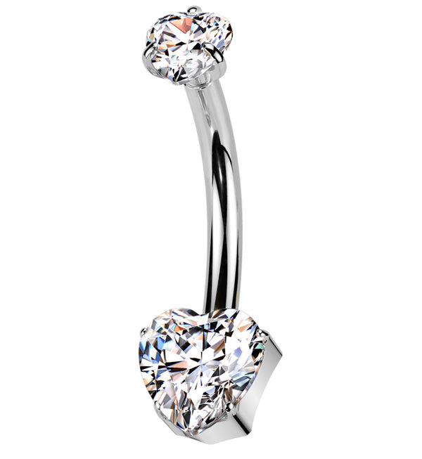 Hearts Prong Clear CZ Titanium Threadless Belly Button Ring