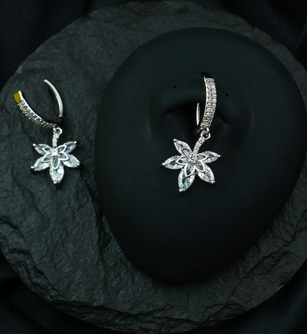 Hemp Leaf Dangle Clear CZ Stainless Steel Hinged Belly Button Ring
