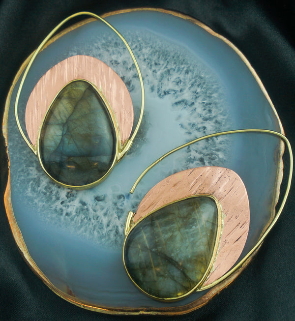 Labradorite Stone Rogue Brass Teardrop Hangers - Earrings