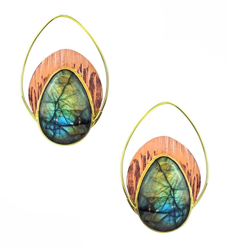 Labradorite Stone Rogue Brass Teardrop Hangers - Earrings