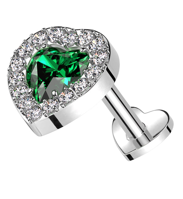 Lined Heart Green CZ Titanium Threadless Heart Back Labret