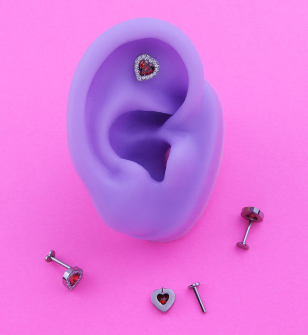 Lined Heart Red CZ Titanium Threadless Heart Back Labret