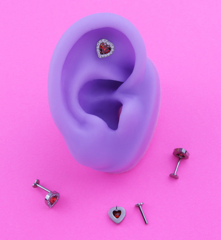 Lined Heart Red CZ Titanium Threadless Heart Back Labret