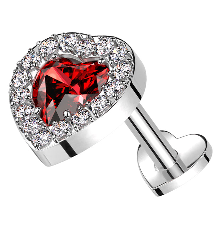 Lined Heart Red CZ Titanium Threadless Heart Back Labret