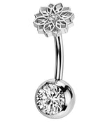 Lotus Flower Clear CZ Titanium Threadless Belly Button Ring