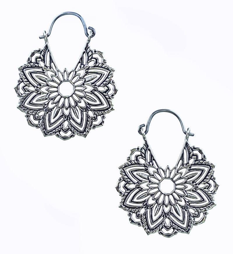 Mini Mandala White Brass Plug Hoops