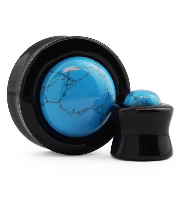 Obsidian Stone Plugs with Turquoise Howlite Stone Inlay