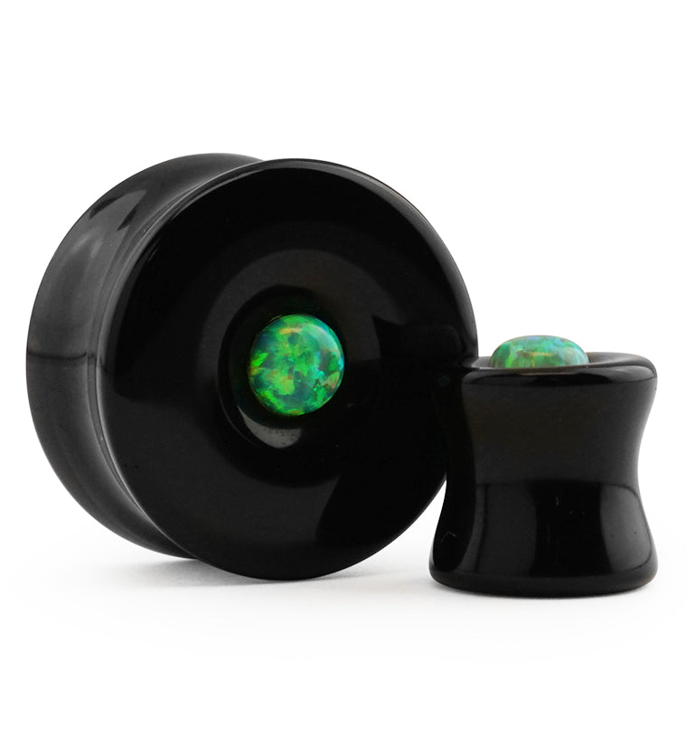 Obsidian Stone Plugs with Micro Green Opal Inlay