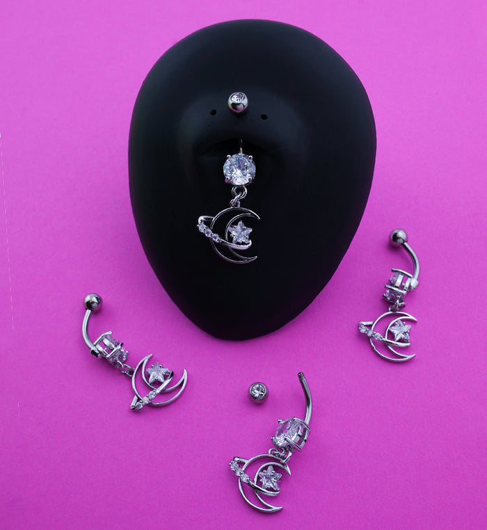 Orbital Moon Dangle Stainless Steel Belly Button Ring UrbanBodyJewelry