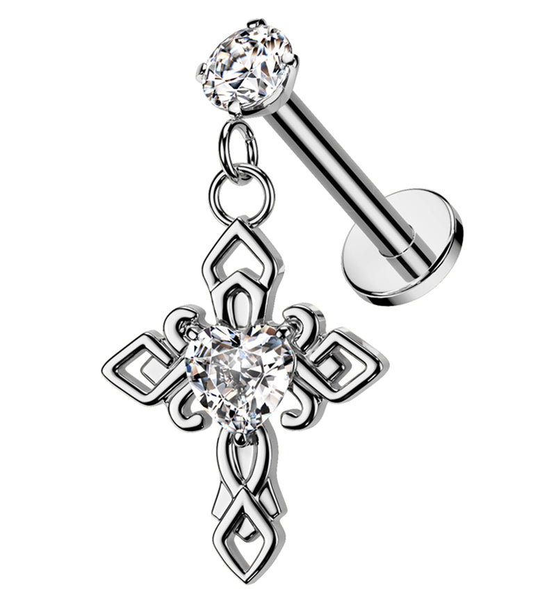 Ornate Cross Dangle Heart Clear CZ Internally Threaded Stainless Steel Labret