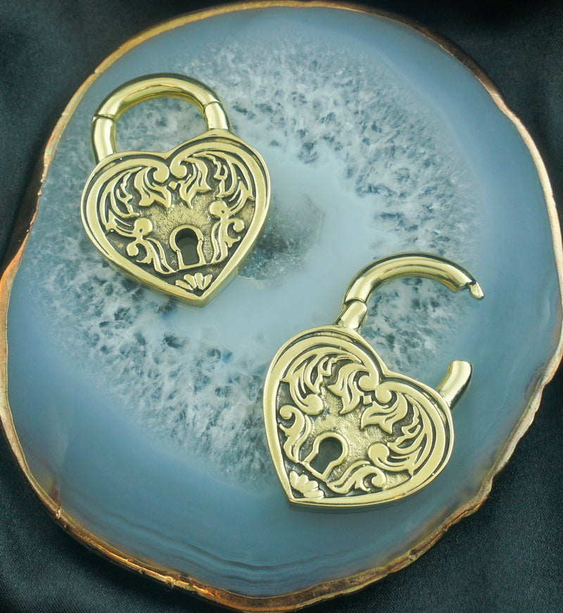 Ornate Heart Lock Brass Hinged Ear Weights