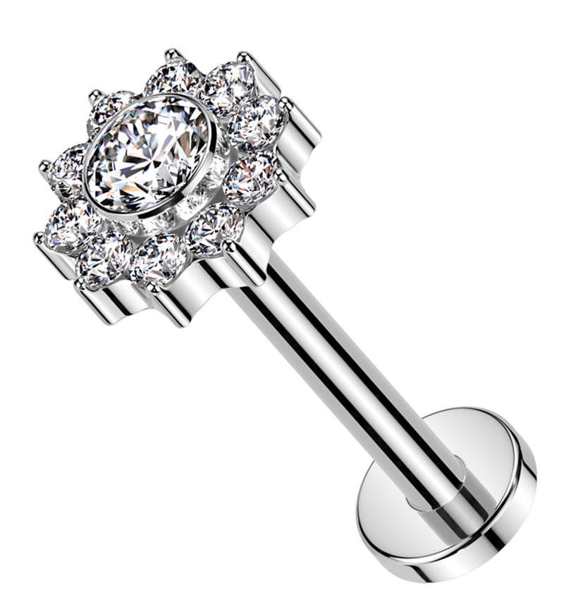 Pave Flower Clear CZ Internally Threaded Titanium Labret