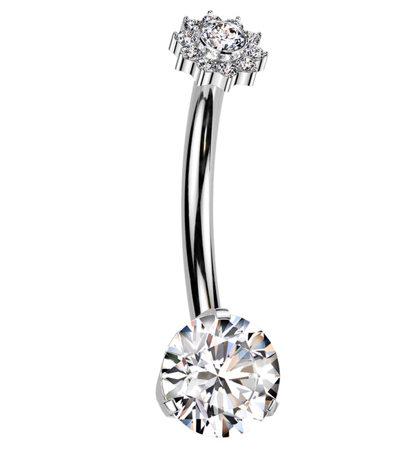 Pave Flower Clear CZ Titanium Internally Threaded Belly Button Ring