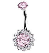 Pink CZ Bold Flower Titanium Internally Threaded Belly Button Ring