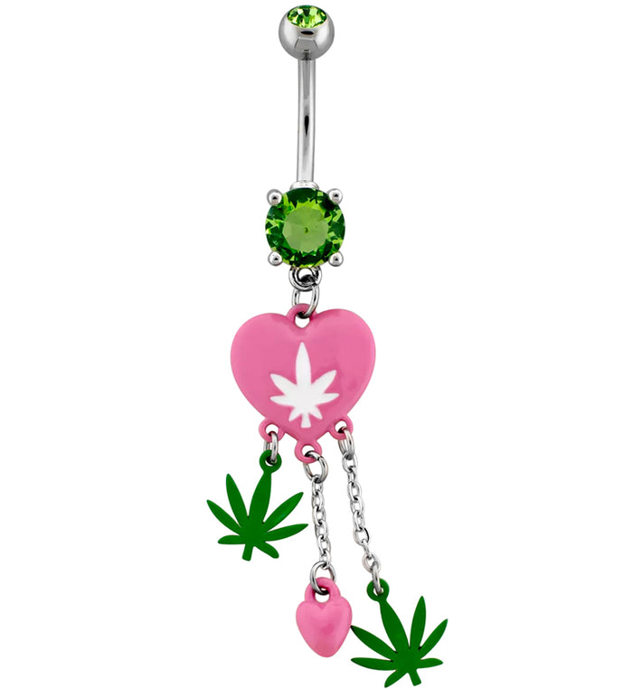 Pink Cannabis Leaf Heart Dangle Stainless Steel Belly Button Ring UrbanBodyJewelry