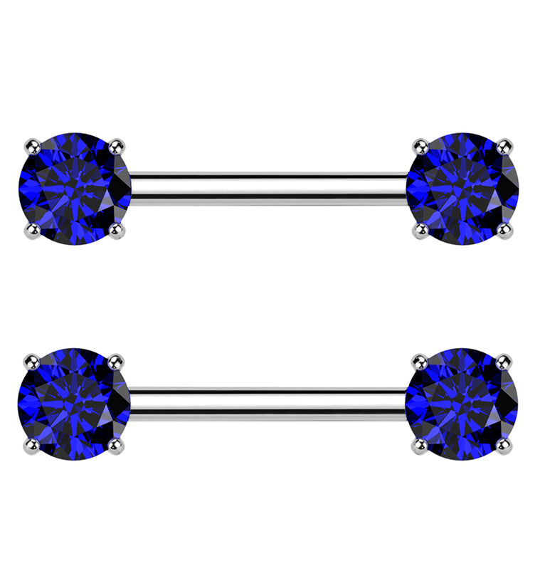 Prong Blue CZ Threadless Titanium Nipple Barbells