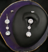 Triple Prong Clear CZ Dangle Titanium Internally Threaded Belly Button Ring