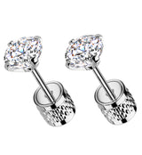 Prong Clear CZ Stainless Steel Textured Cylinder Back Stud Earrings