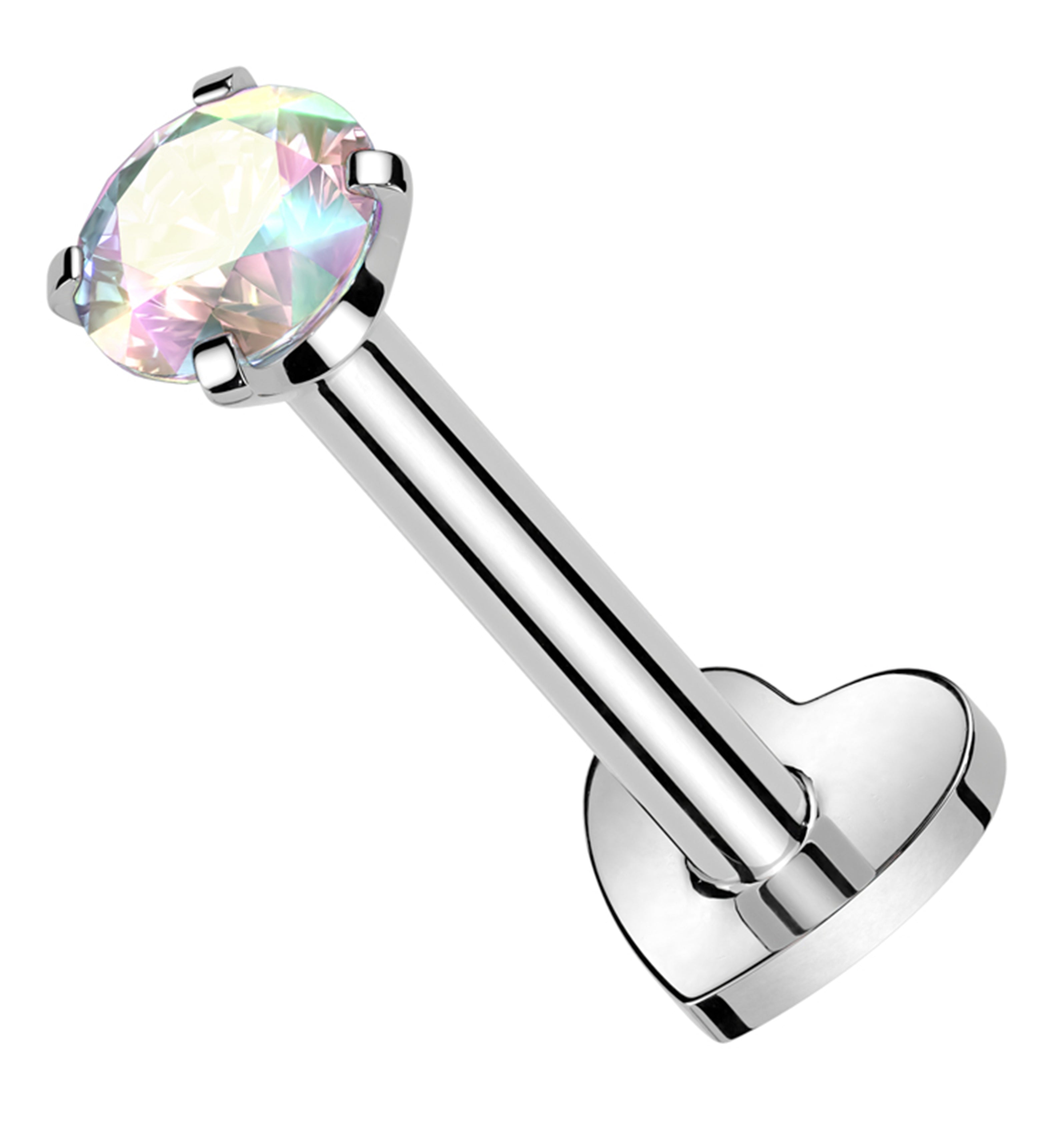 Prong Rainbow Aurora CZ Internally Threaded Titanium Heart Disk Labret ...