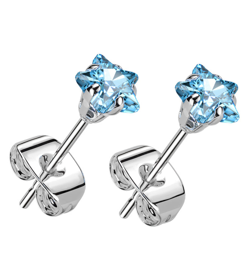 Prong Star Aqua CZ Stainless Steel Stud Earrings