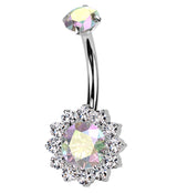 Rainbow Aurora CZ Bold Flower Titanium Internally Threaded Belly Button Ring