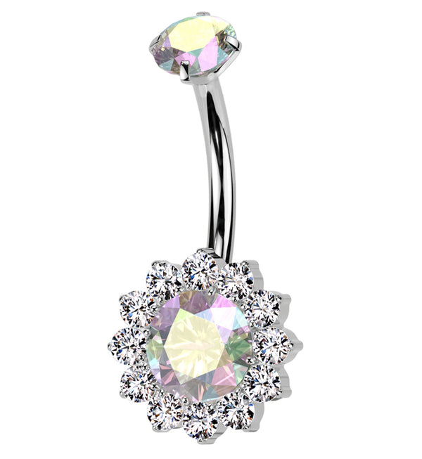 Rainbow Aurora CZ Bold Flower Titanium Internally Threaded Belly Button Ring