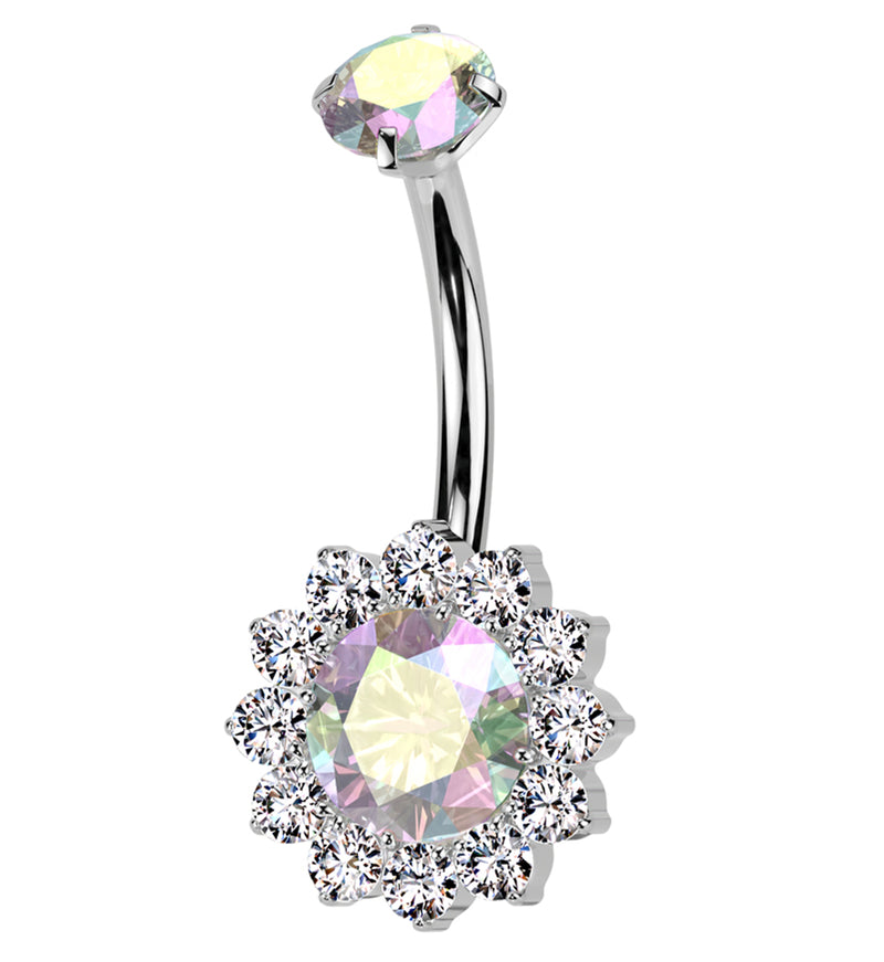 Rainbow Aurora CZ Bold Flower Titanium Internally Threaded Belly Button Ring