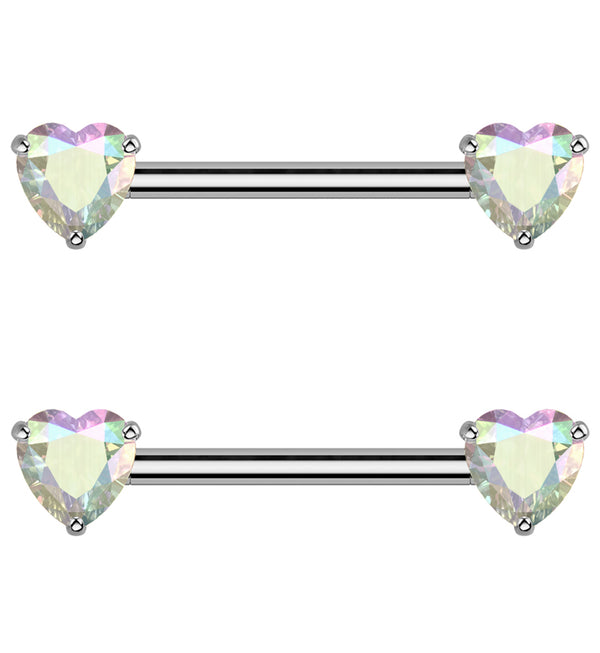 Rainbow Aurora Heart CZ Threadless Titanium Nipple Barbell