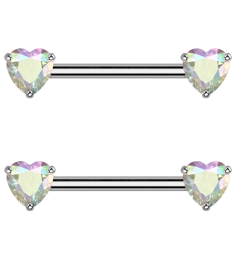 Rainbow Aurora Heart CZ Threadless Titanium Nipple Barbell