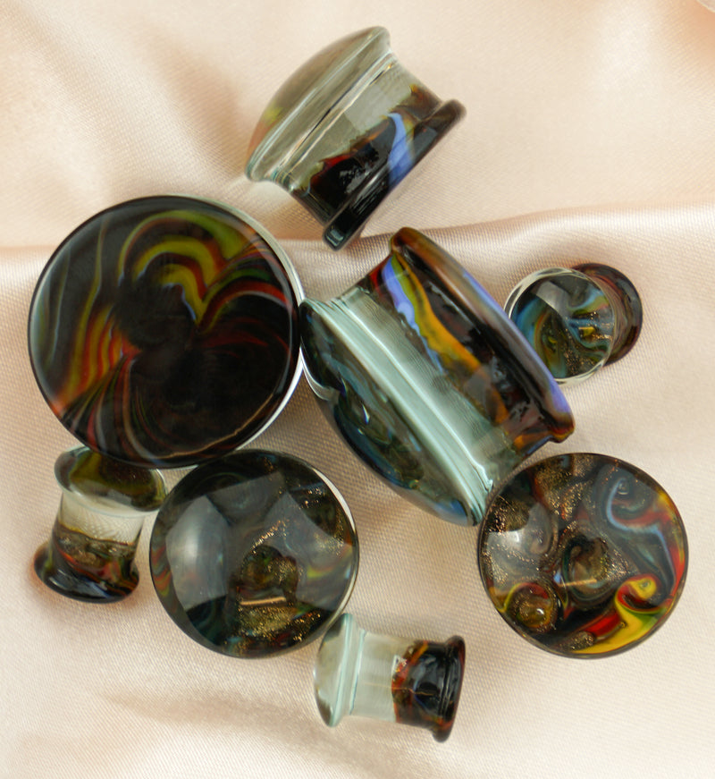 Rainbow Swirl Glass Double Flare Plugs