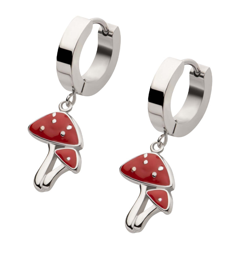 Red Spotted Mushroom Stainless Steel Hoop Huggie Earrings