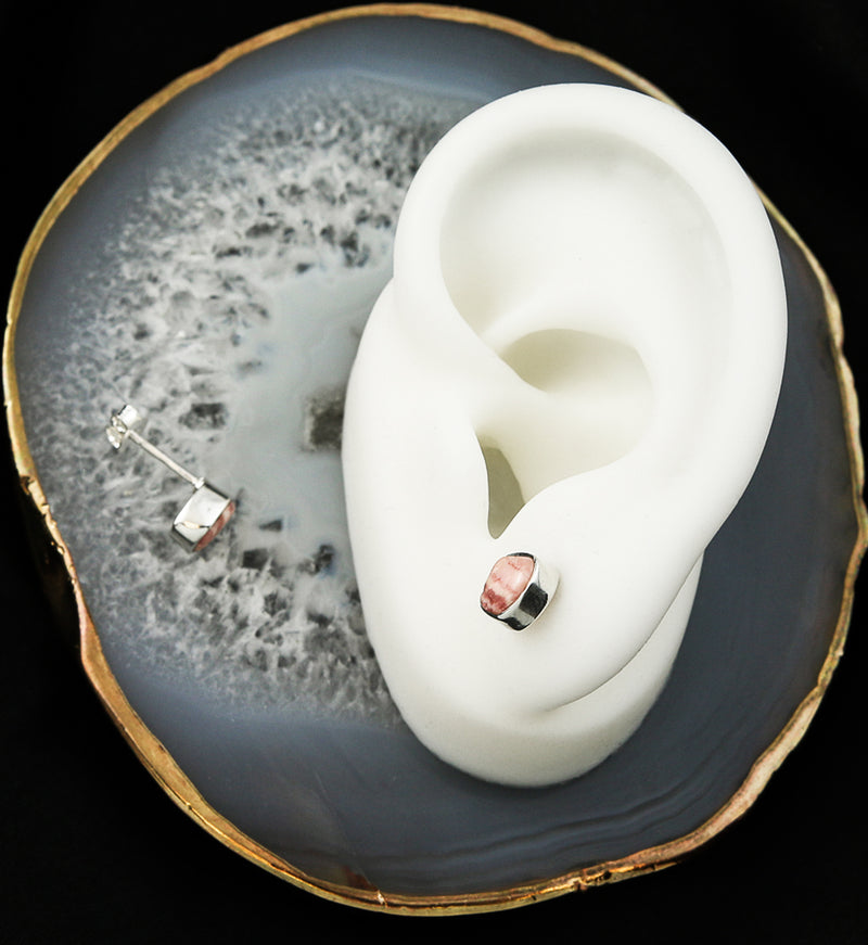 Rhodocrosite Stone Bezel Set Sterling Silver Earrings