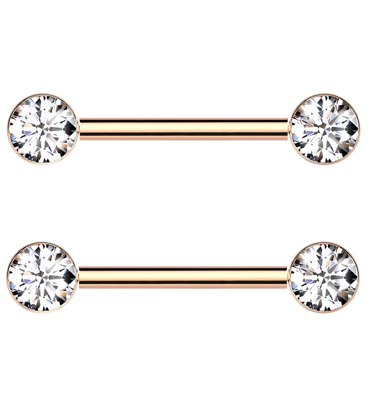 Rose Gold PVD Bezel Clear CZ Threadless Titanium Nipple Barbells