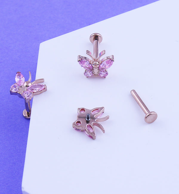 Rose Gold PVD Butterfly Pink CZ Titanium Internally Threaded Labret