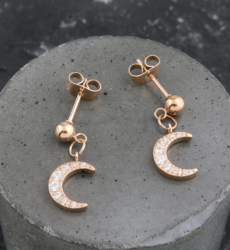 Rose Gold PVD Crescent Moon CZ Dangle Stainless Steel Stud Earrings