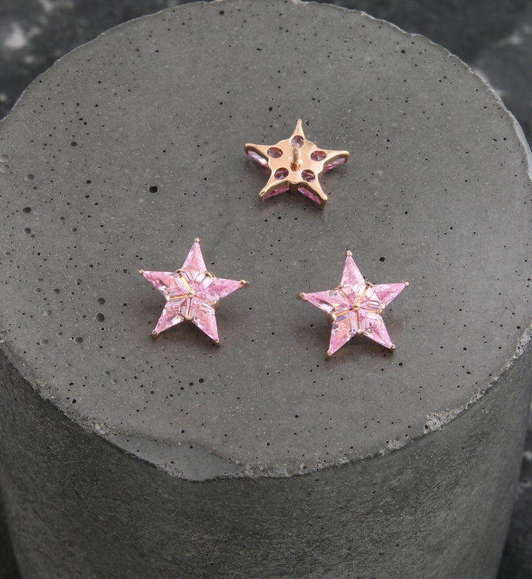 Rose Gold PVD Star Flower Pink CZ Internally Threaded Titanium Top