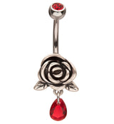 Rosebud Teardrop Red CZ Stainless Steel Belly Button Ring