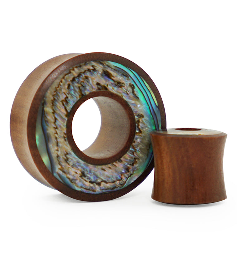 Saba Wood Tunnel Plugs With Abalone Shell Inlay