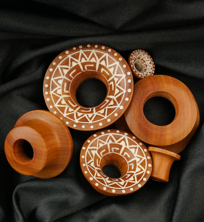 Saba Wood Mayan Flare Tunnels With Tribal Inlay