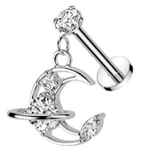 Saturn Crescent Moon Dangle Clear CZ Internally Threaded Stainless Steel Labret