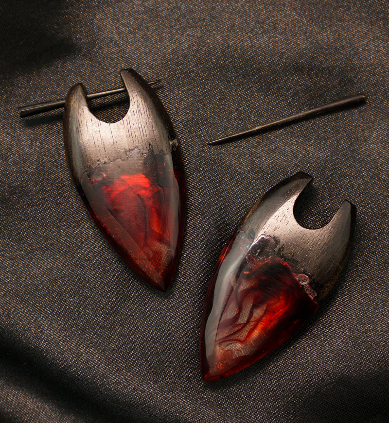 Seeping Red Resin Areng Wood Point Earrings