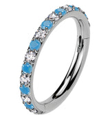 Side Facing Clear CZ Turquoise Titanium Hinged Segment Ring