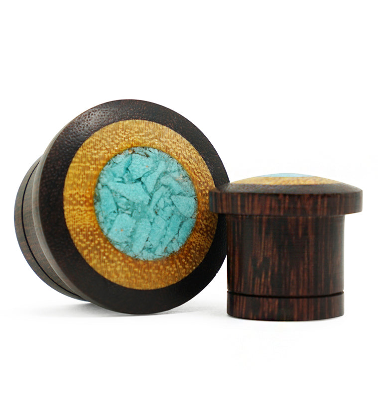 Single Flare Dark Tamarind Wood Plugs with Jackfruit & Turquoise Inlay