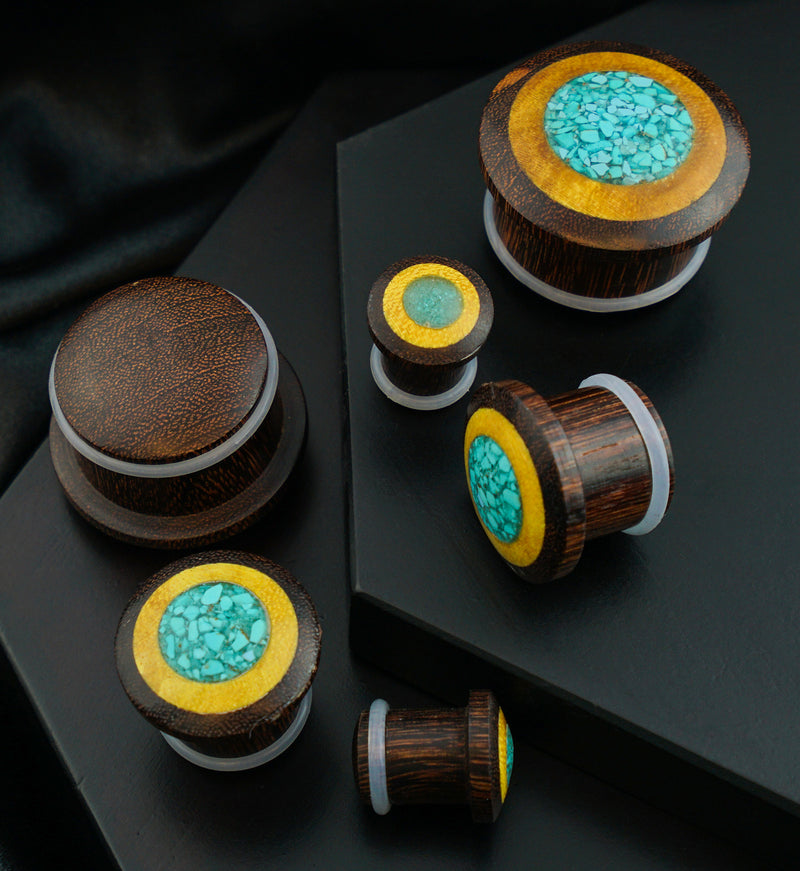 Single Flare Dark Tamarind Wood Plugs with Jackfruit & Turquoise Inlay