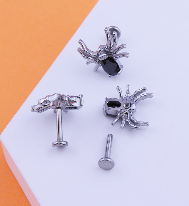 Spider Black CZ Stainless Steel Internally Threaded Labret