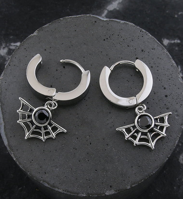 Spiderweb Black CZ Stainless Steel Hoop Huggie Earrings